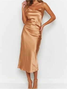 Beginning Boutique Satin Gold Slip Midi Dress